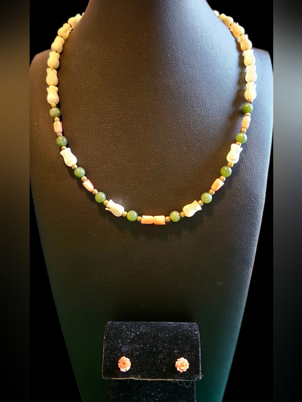 Vintage Flower Carved Coral, Jade, & Mother of Pearl Jewelry Set